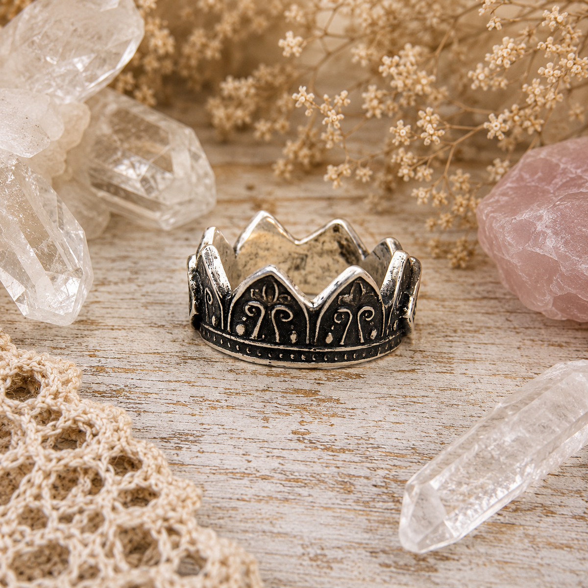 Handmade .950 sterling silver Mehndi crown ring featuring an Indian-inspired oxidized design. Recycled silver boho statement ring, US size 6. By Cosmicdeva 