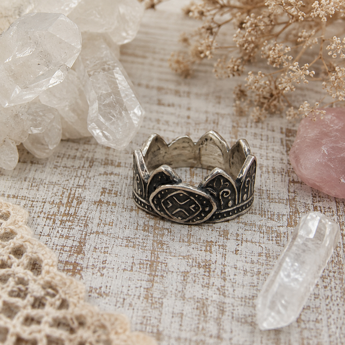 Handmade .950 sterling silver Mehndi crown ring featuring an Indian-inspired oxidized design. Recycled silver boho statement ring, US size 6. By Cosmicdeva 