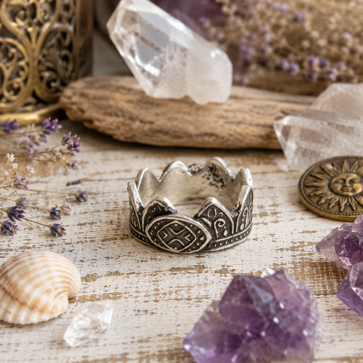 Handmade .950 sterling silver Mehndi crown ring featuring an Indian-inspired oxidized design. Recycled silver boho statement ring, US size 6. By Cosmicdeva 