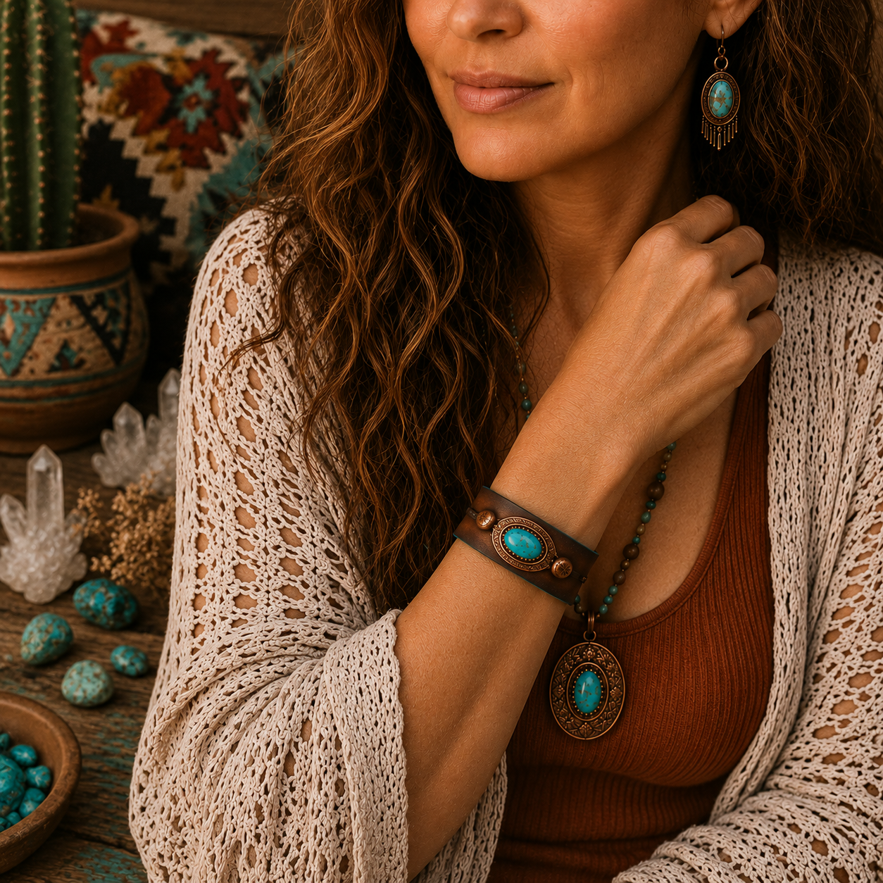Handmade Tibetan turquoise leather cuff bracelet with solid copper, brown VegTan leather and magnetic clasp. Unique Southwestern boho jewelry.by Cosmicdeva 