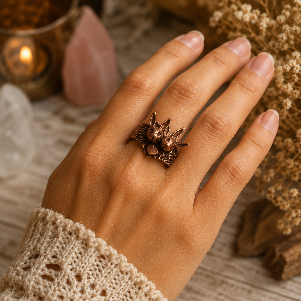 One-of-a-kind handmade copper bunny ring featuring two sculpted rabbits and heart details. Rustic boho rabbit jewelry, US size 7.5, made in the USA. By Cosmicdeva 