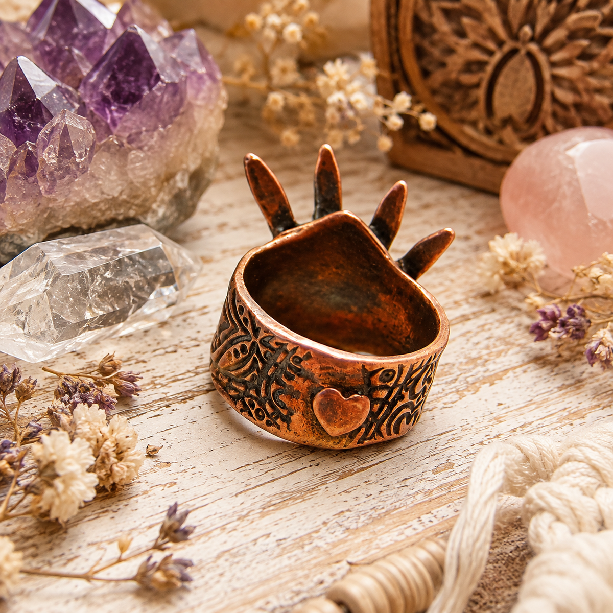One-of-a-kind handmade copper bunny ring featuring two sculpted rabbits and heart details. Rustic boho rabbit jewelry, US size 7.5, made in the USA. By Cosmicdeva 