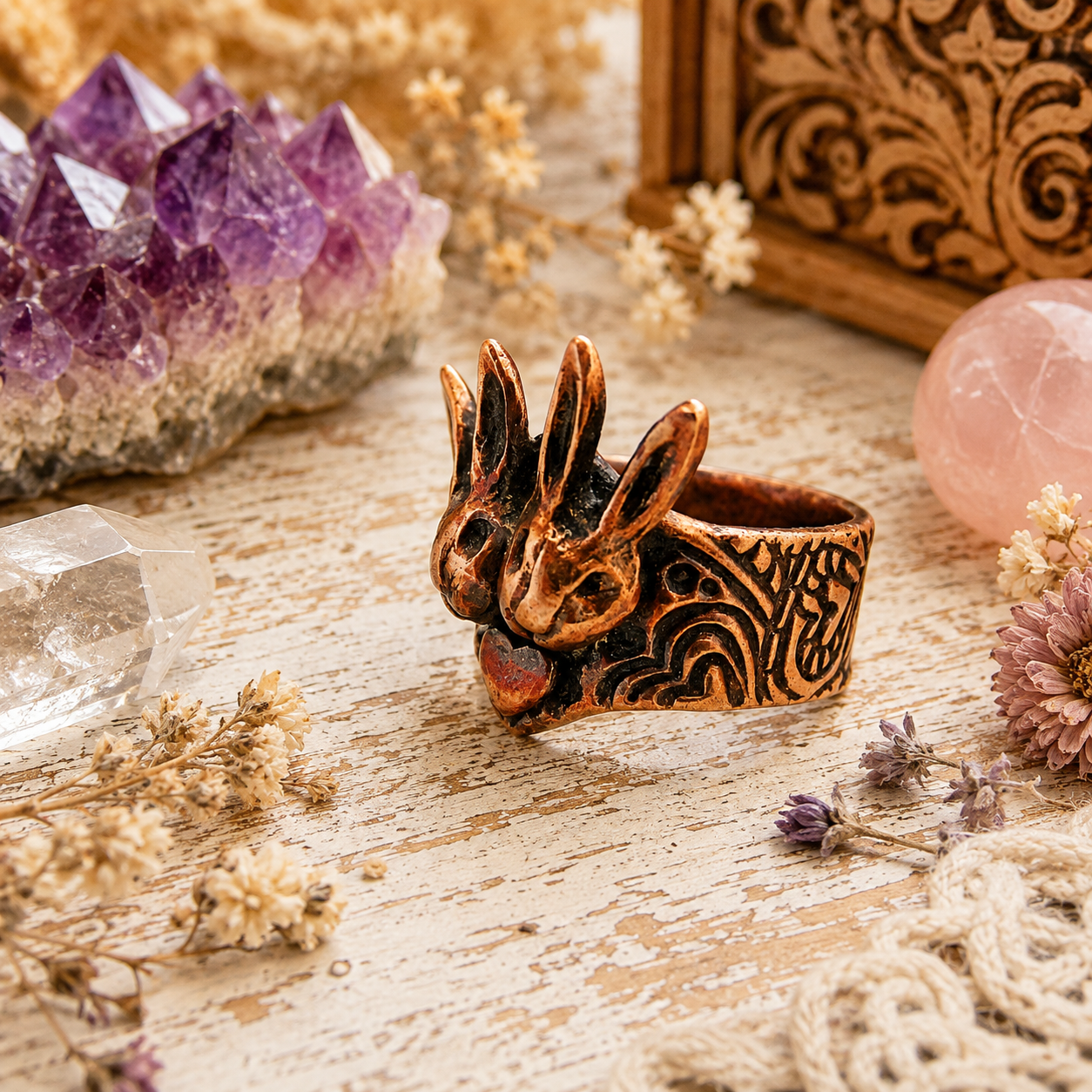 One-of-a-kind handmade copper bunny ring featuring two sculpted rabbits and heart details. Rustic boho rabbit jewelry, US size 7.5, made in the USA. By Cosmicdeva 