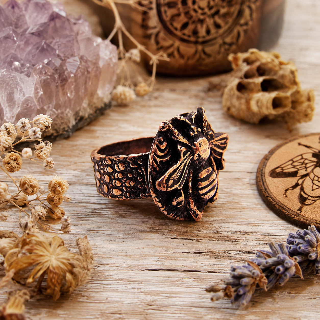 Handmade Queen Bee copper ring in US Size 9 featuring an antiqued bee goddess design and textured band. One-of-a-kind boho Divine Feminine jewelry. By Cosmicdeva 