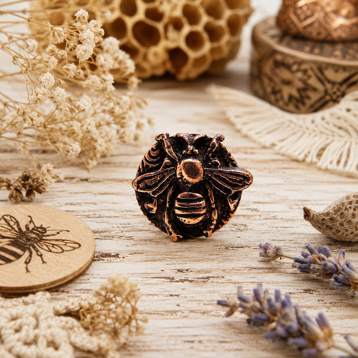 Handmade Queen Bee copper ring in US Size 9 featuring an antiqued bee goddess design and textured band. One-of-a-kind boho Divine Feminine jewelry. By Cosmicdeva 