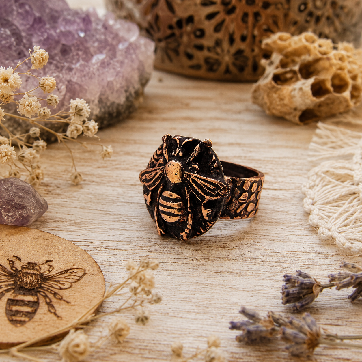 Handmade Queen Bee copper ring in US Size 9 featuring an antiqued bee goddess design and textured band. One-of-a-kind boho Divine Feminine jewelry. By Cosmicdeva 