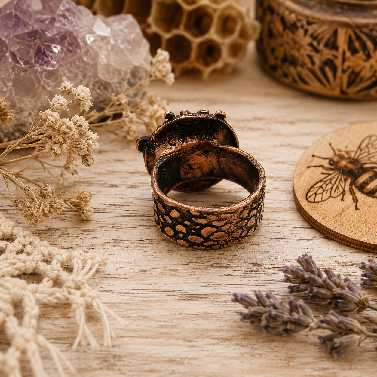 Handmade Queen Bee copper ring in US Size 9 featuring an antiqued bee goddess design and textured band. One-of-a-kind boho Divine Feminine jewelry. By Cosmicdeva 