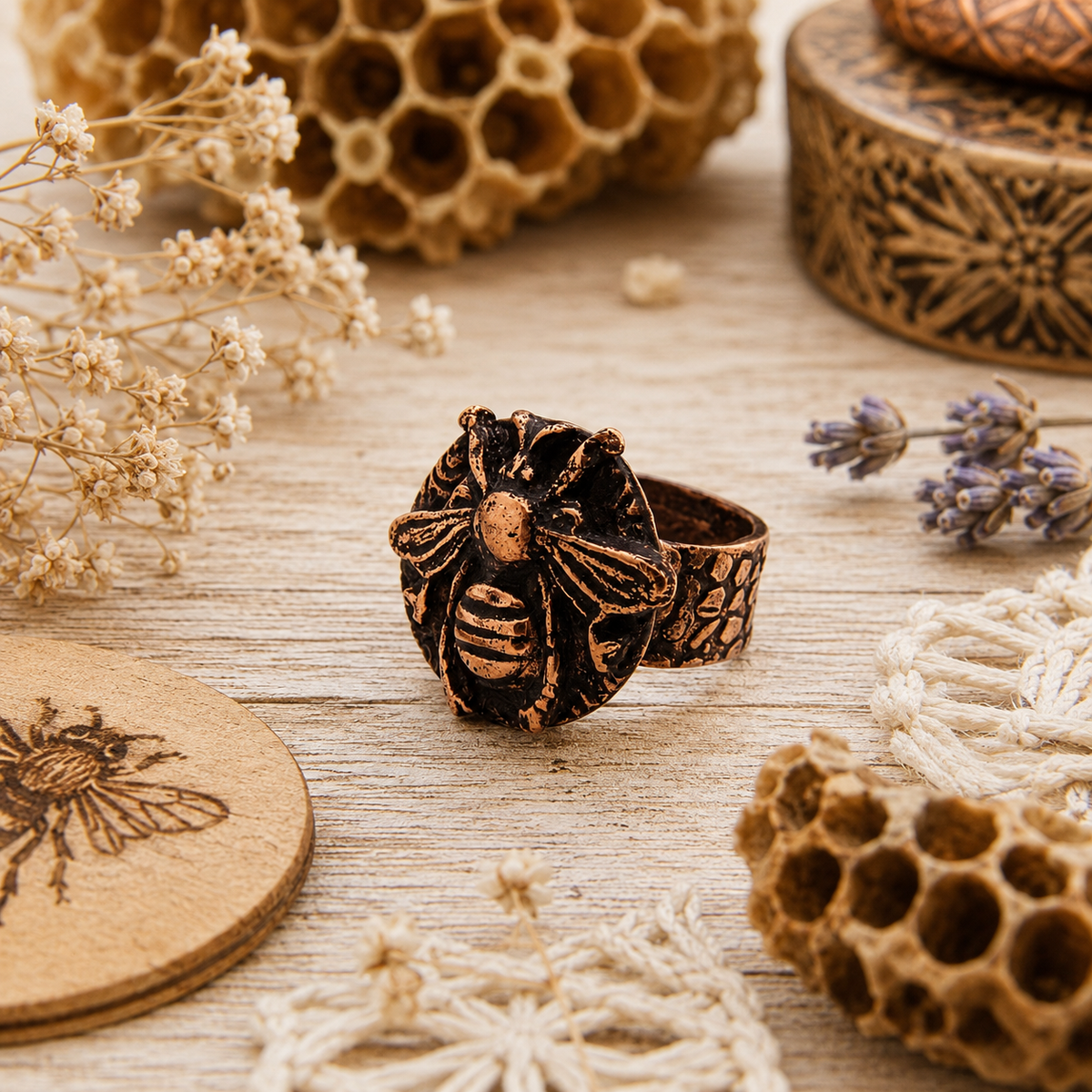 Handmade Queen Bee copper ring in US Size 9 featuring an antiqued bee goddess design and textured band. One-of-a-kind boho Divine Feminine jewelry. By Cosmicdeva 