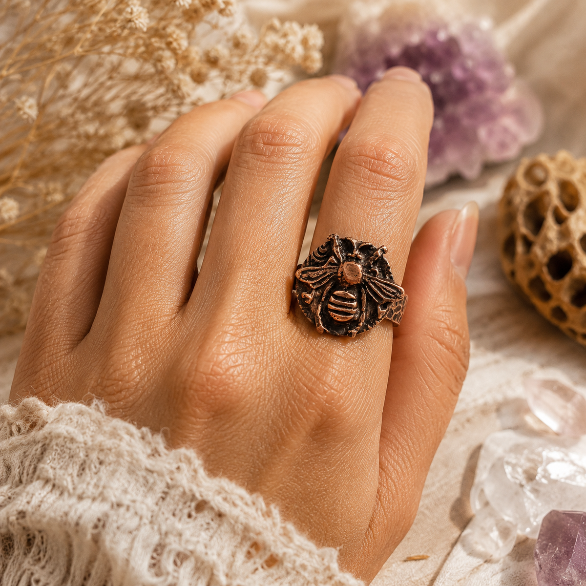 Handmade Queen Bee copper ring in US Size 9 featuring an antiqued bee goddess design and textured band. One-of-a-kind boho Divine Feminine jewelry. By Cosmicdeva 