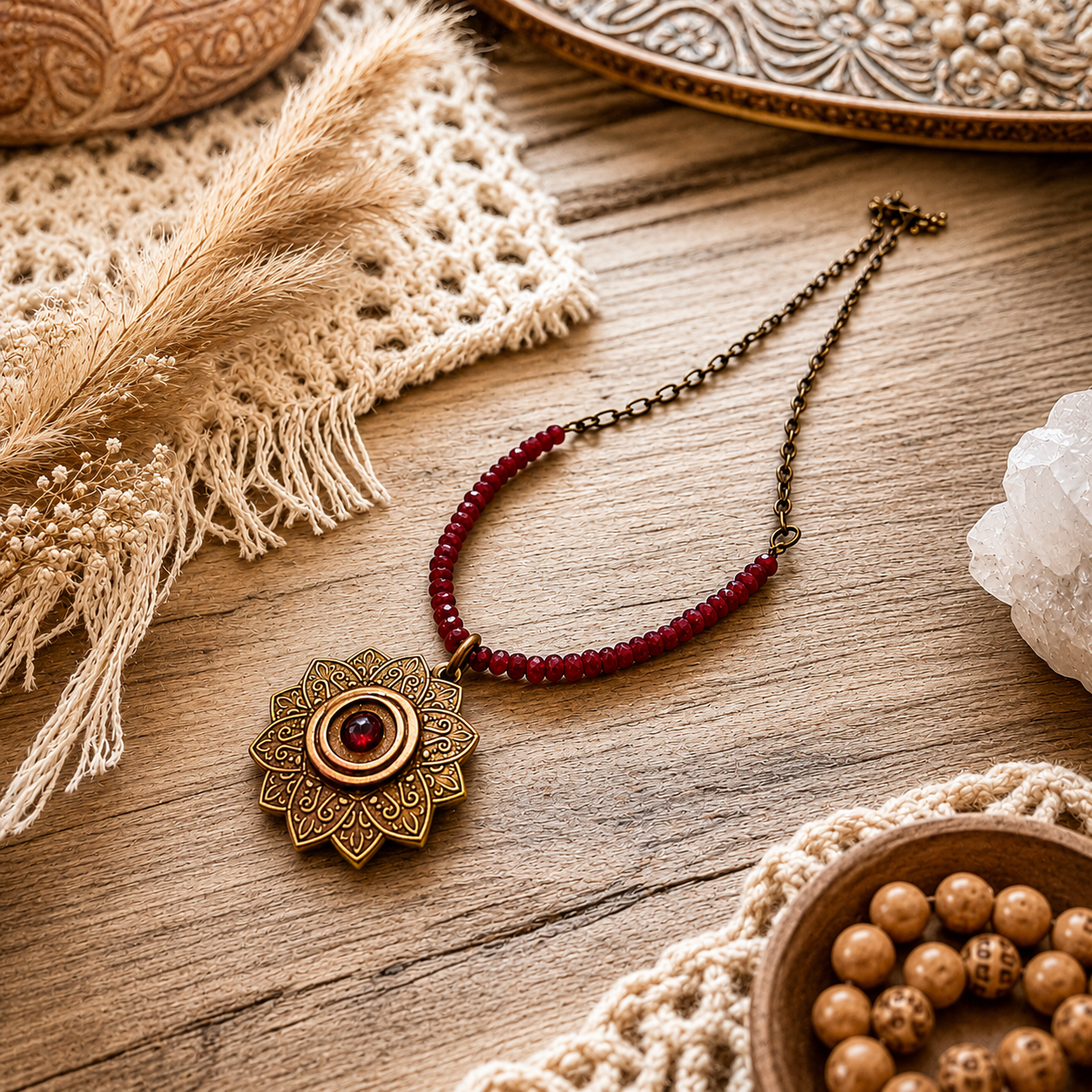Red Ruby Mandala Mendhi Gold Bronze Necklace - CosmicDeva