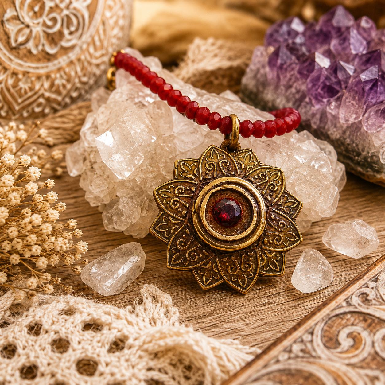 Red Ruby Mandala Mendhi Gold Bronze Necklace - CosmicDeva