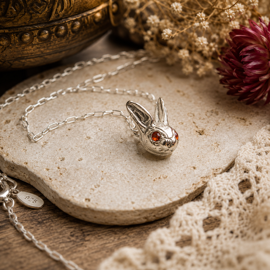 Dainty sterling silver bunny necklace with tiny fire opal eyes. Handmade rabbit pendant on an 18-inch silver chain—a sweet gift for bunny lovers.