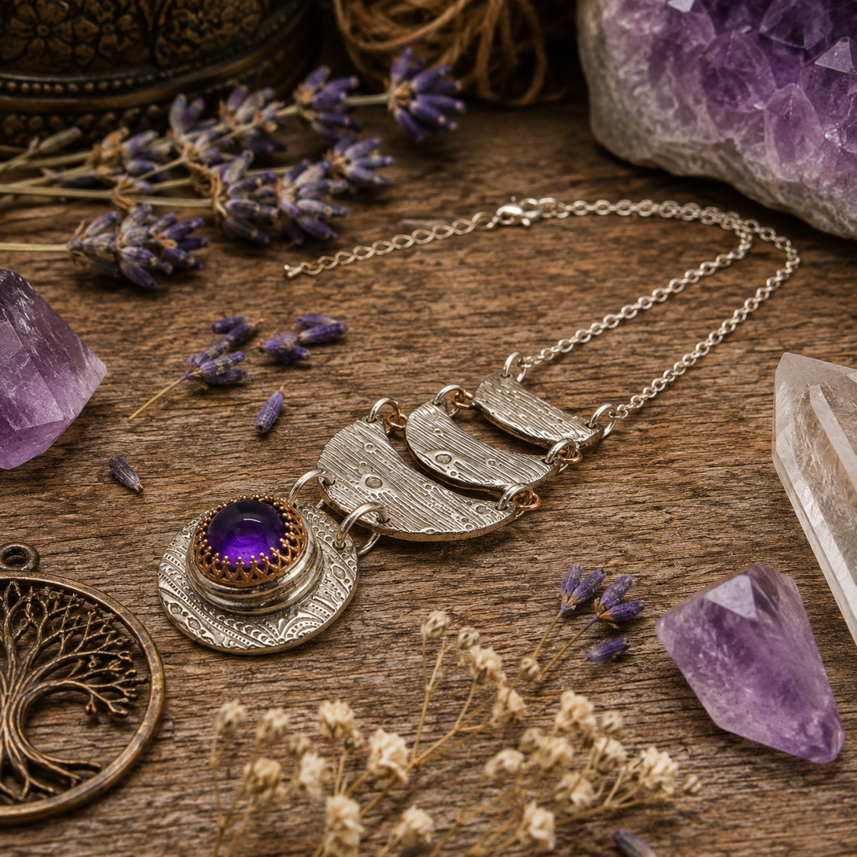 Handmade amethyst moon phase necklace with natural purple amethyst and silver bronze crescent moons. Unique celestial boho jewelry handmade in the USA. By Cosmicdeva 