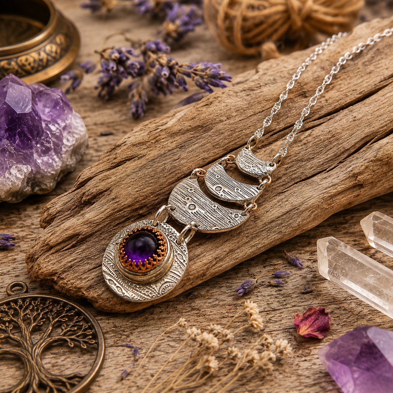 Handmade amethyst moon phase necklace with natural purple amethyst and silver bronze crescent moons. Unique celestial boho jewelry handmade in the USA. By Cosmicdeva 