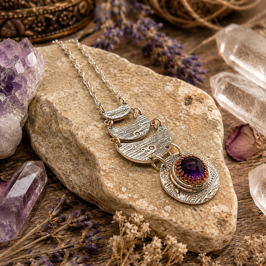 Handmade amethyst moon phase necklace with natural purple amethyst and silver bronze crescent moons. Unique celestial boho jewelry handmade in the USA. By Cosmicdeva 
