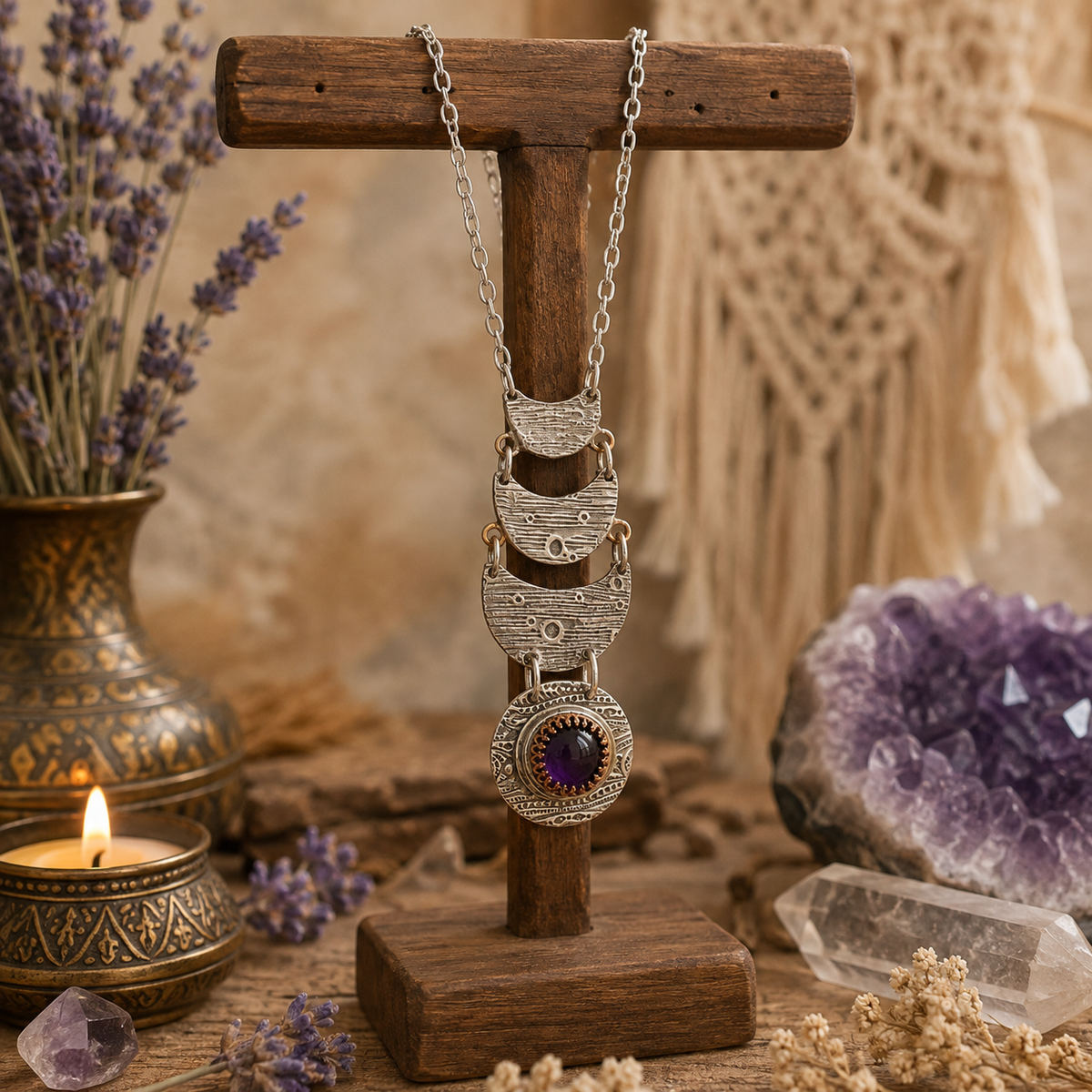 Handmade amethyst moon phase necklace with natural purple amethyst and silver bronze crescent moons. Unique celestial boho jewelry handmade in the USA. By Cosmicdeva 
