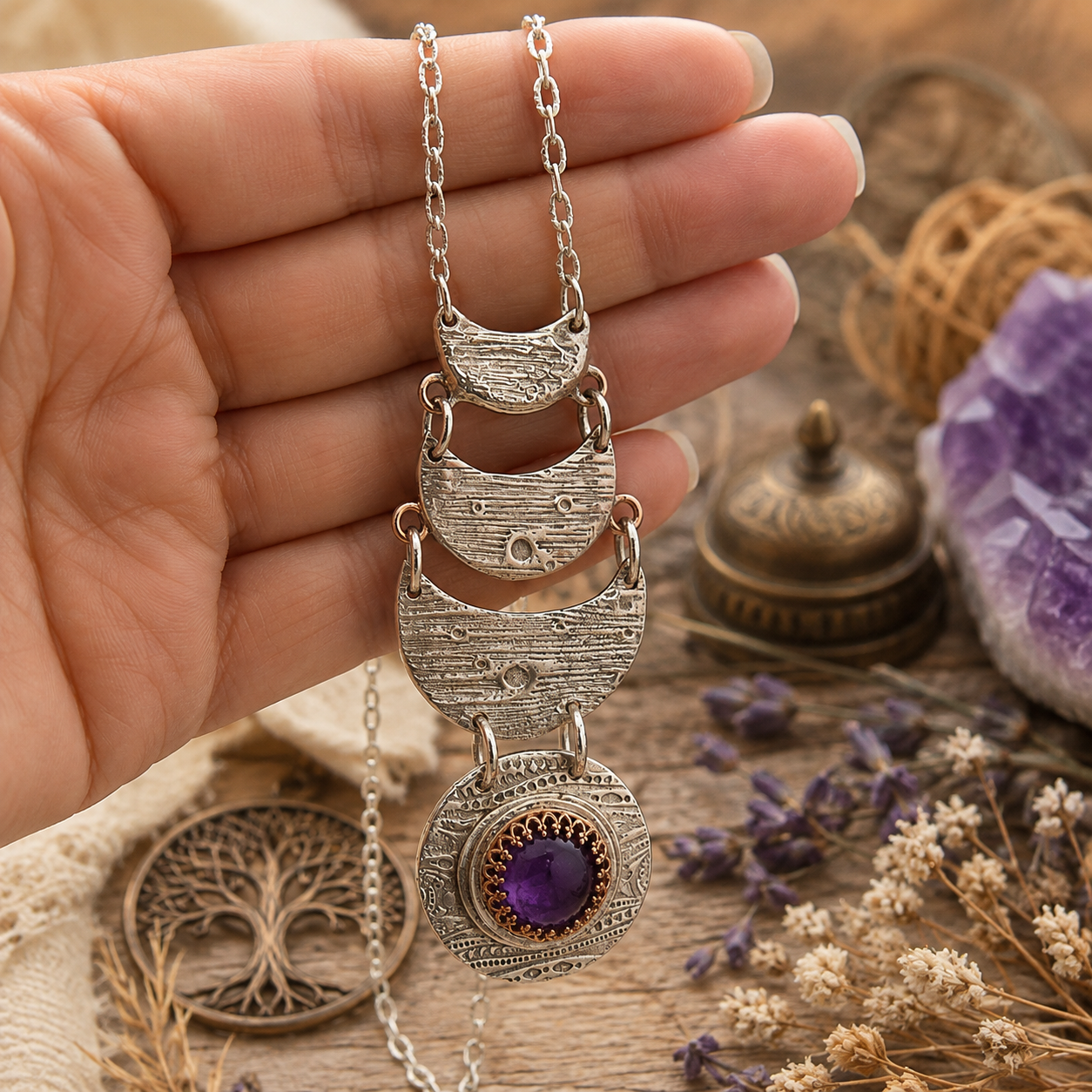 Handmade amethyst moon phase necklace with natural purple amethyst and silver bronze crescent moons. Unique celestial boho jewelry handmade in the USA. By Cosmicdeva 