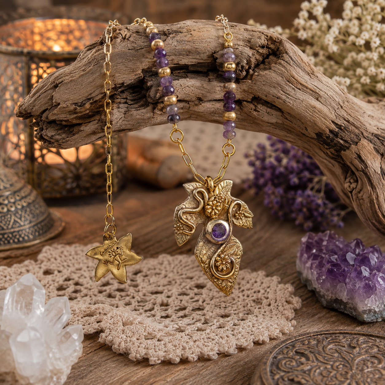 Handcrafted gold bronze fig leaf necklace with natural Lepidolite beads and purple Amethyst CZ. Botanical boho jewelry handmade in the USA. By Cosmicdeva