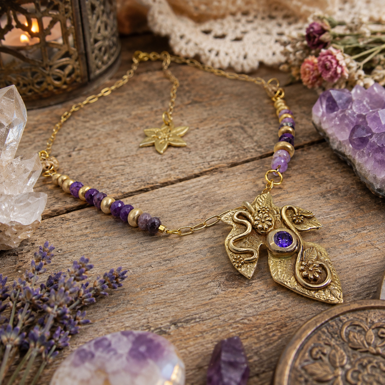 Handcrafted gold bronze fig leaf necklace with natural Lepidolite beads and purple Amethyst CZ. Botanical boho jewelry handmade in the USA. By Cosmicdeva