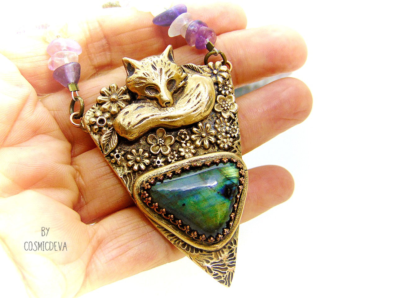 Cute one of a kind complete handcrafted and kiln fired lovely sleeping fox in a flower field gold bronze pendant with a labradorite gemstone in a bezel setting. This animal totem pendant suspends from a handmade adjustable fluorite nuggets necklace.