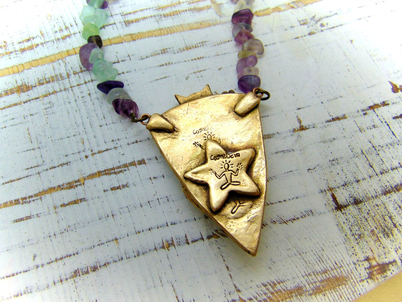 Cute one of a kind complete handcrafted and kiln fired lovely sleeping fox in a flower field gold bronze pendant with a labradorite gemstone in a bezel setting. This animal totem pendant suspends from a handmade adjustable fluorite nuggets necklace.