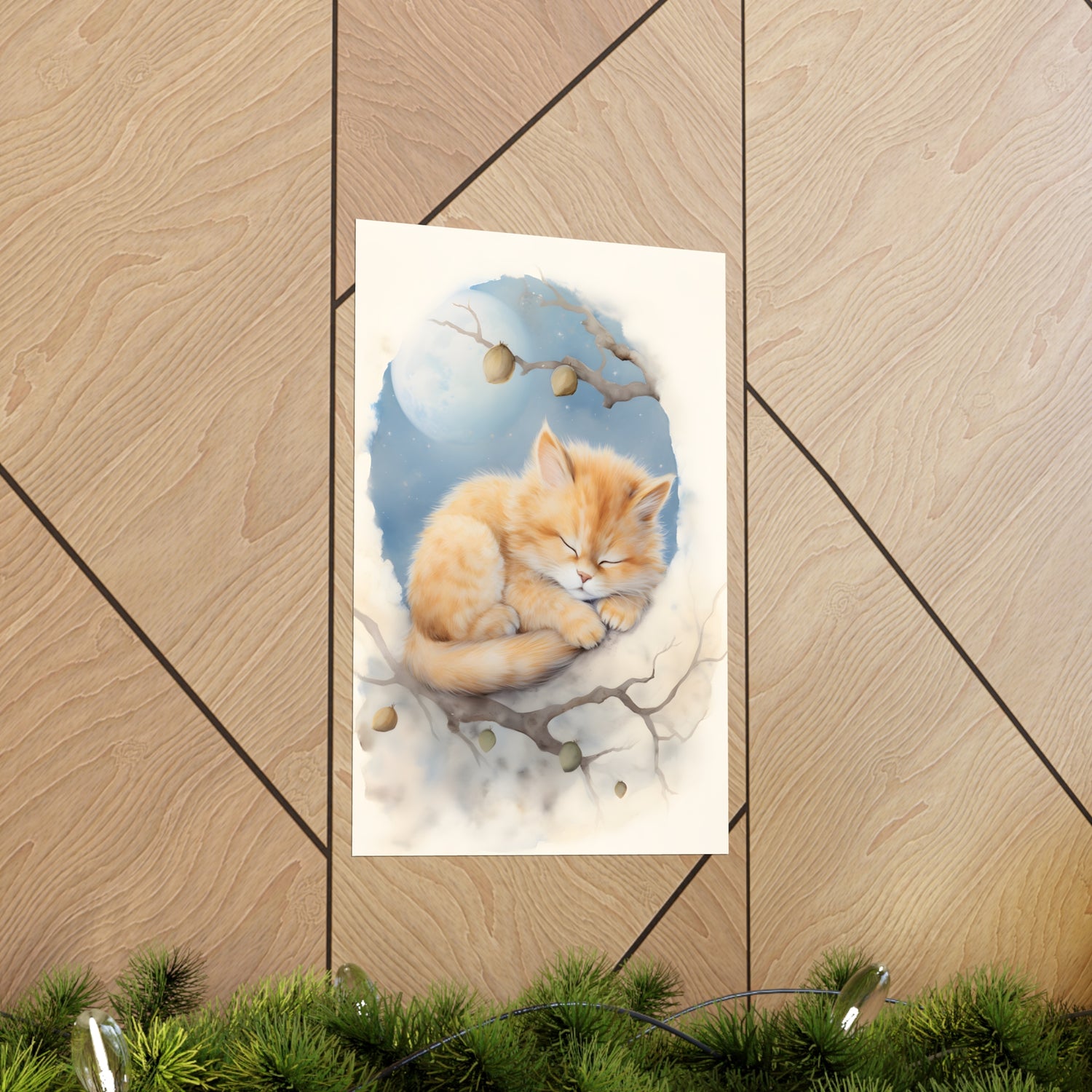 Cute sleeping Cat, Nursery Print, Baby cat Illustration, Watercolor Art, Nursery Wall Decor, Lovable kitty, Nursery Decor, Nursery Wall Art. - CosmicDeva