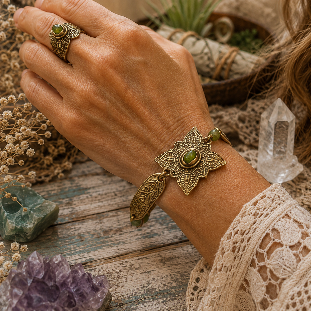 Handmade Elven bronze bracelet with natural green peridot, ornate mandala details and artisan toggle clasp. Unique boho August birthstone jewelry.