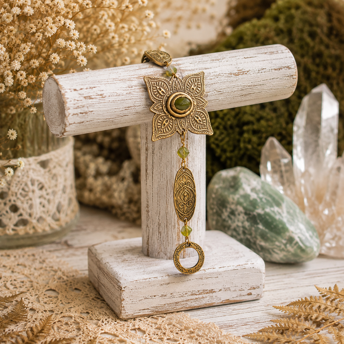 Handmade Elven bronze bracelet with natural green peridot, ornate mandala details and artisan toggle clasp. Unique boho August birthstone jewelry.