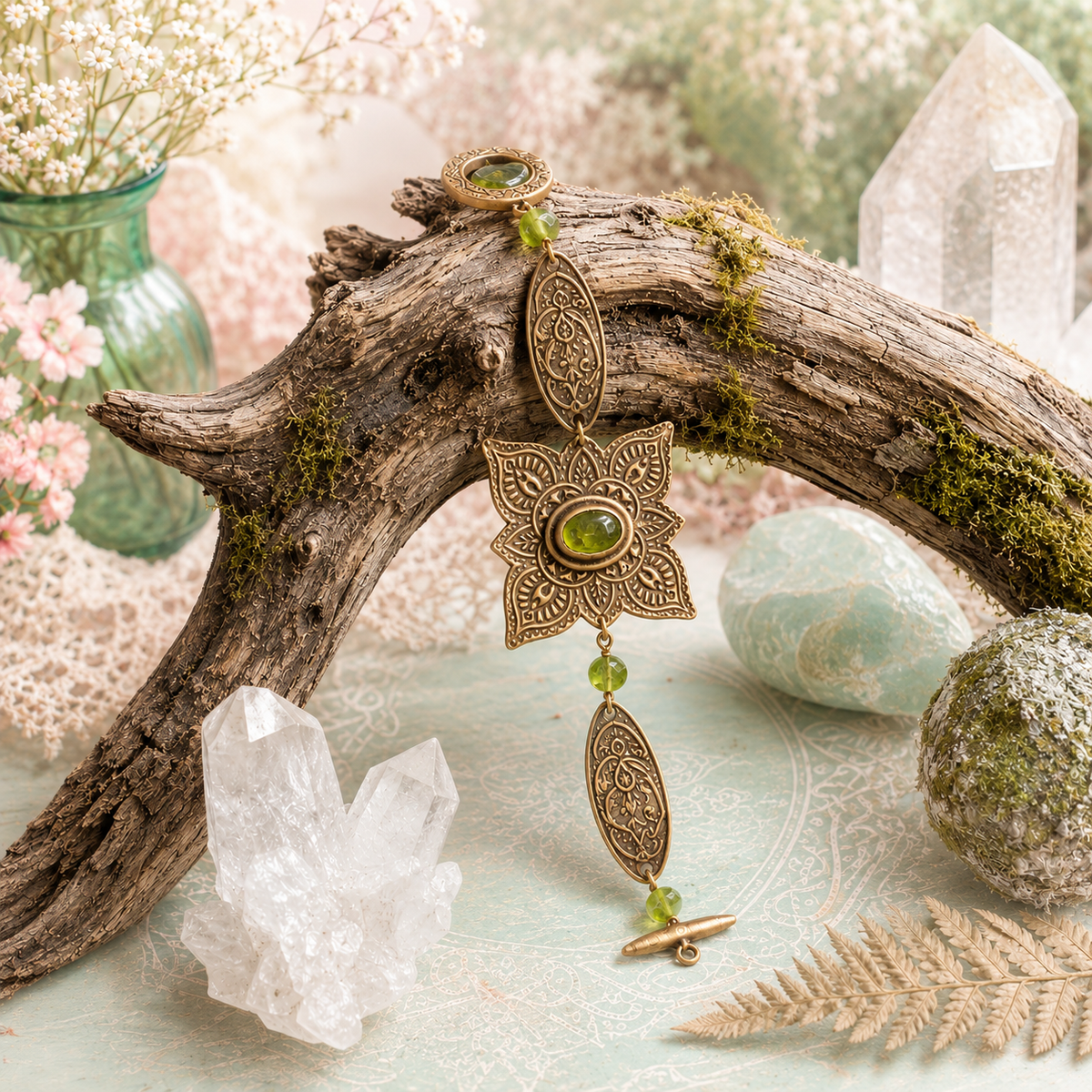 Handmade Elven bronze bracelet with natural green peridot, ornate mandala details and artisan toggle clasp. Unique boho August birthstone jewelry.