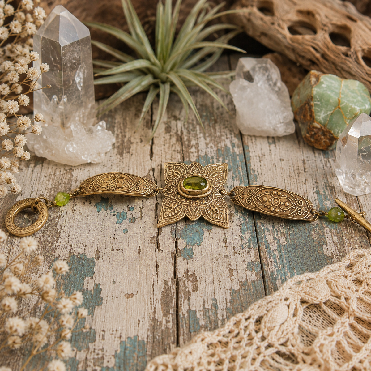 Handmade Elven bronze bracelet with natural green peridot, ornate mandala details and artisan toggle clasp. Unique boho August birthstone jewelry.