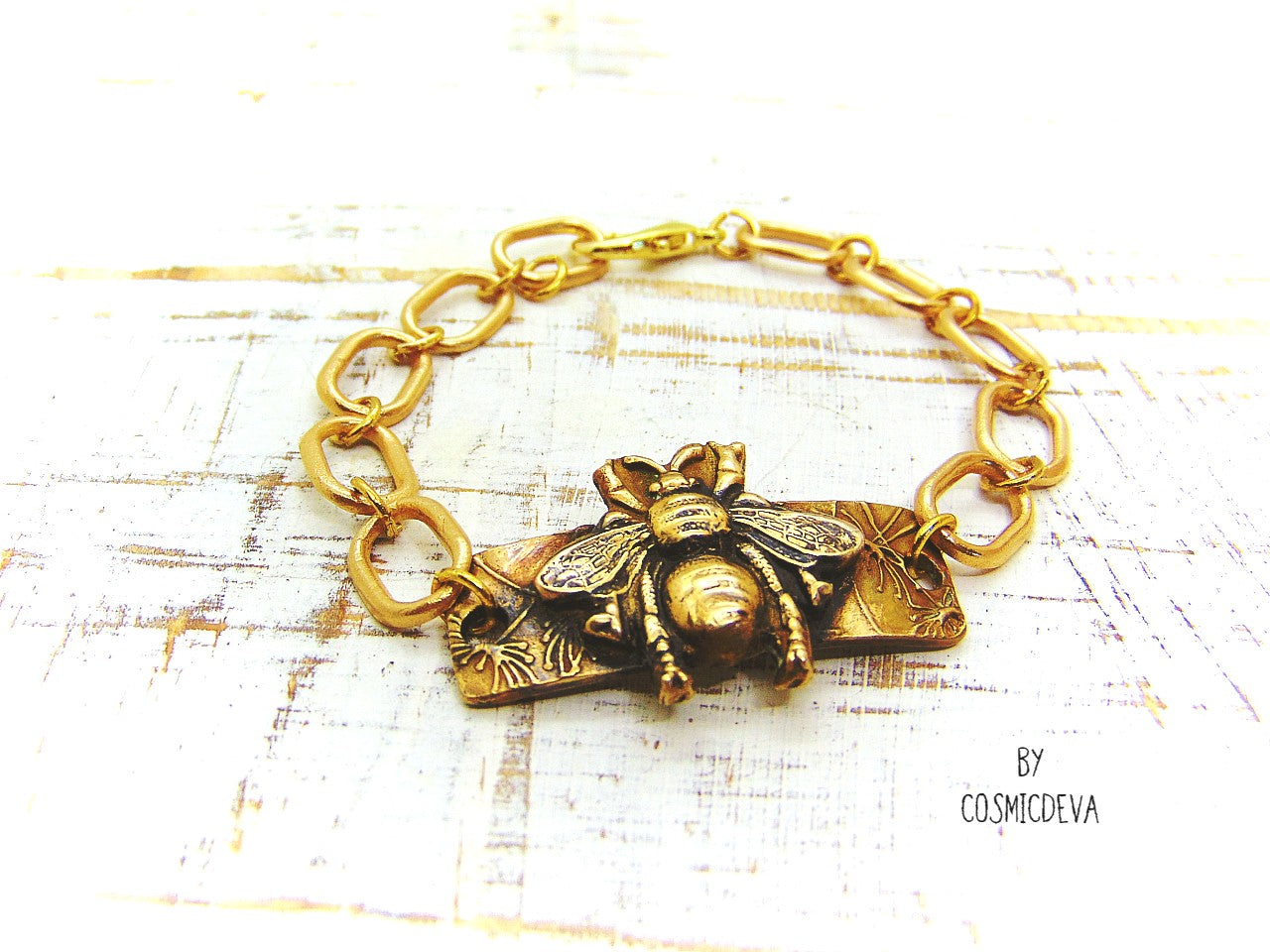 Honeybee Bracelet With Handformed Artisan Chain, Gold Tone Bronze Bracelet - CosmicDeva