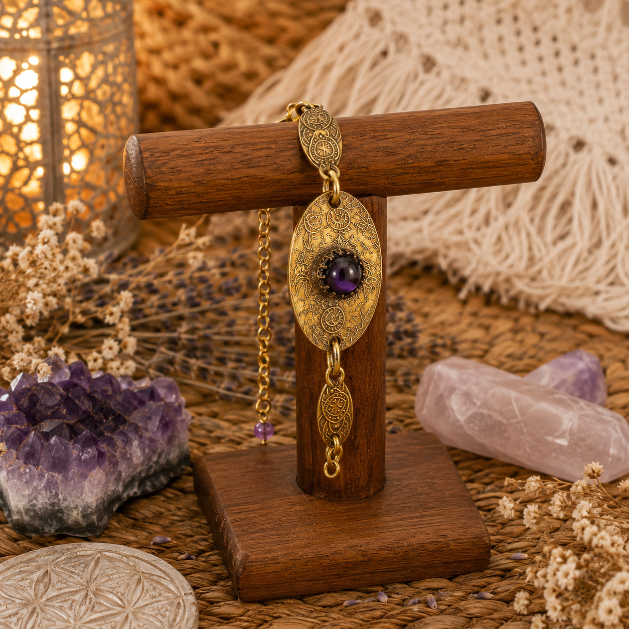 Handmade amethyst bronze bracelet featuring natural purple amethyst, medieval filigree details and lepidolite. Adjustable artisan boho jewelry made in USA. By cosmicdeva