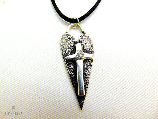 Handcrafted 999 fine silver heart pendant with cross & sparkling cubic zirconia. A meaningful Christian necklace symbolizing faith, love & grace.