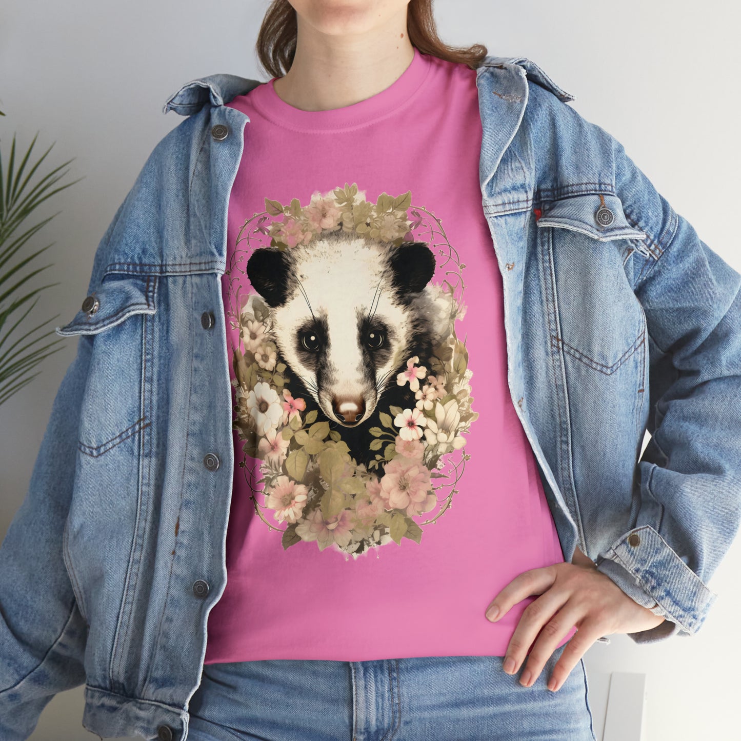 Opossum With Vintage Inspired Flowers Unisex Heavy Cotton Tee