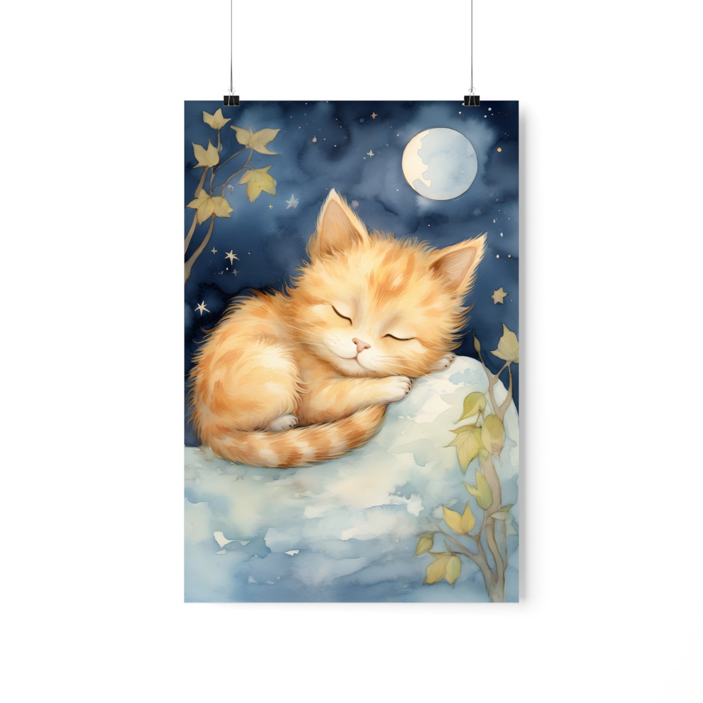 Adorable little sleeping cat Illustration, Nursery Print, Watercolor Art, Nursery Wall Decor, Lovable cat, Nursery Decor, Nursery Wall Art, - CosmicDeva