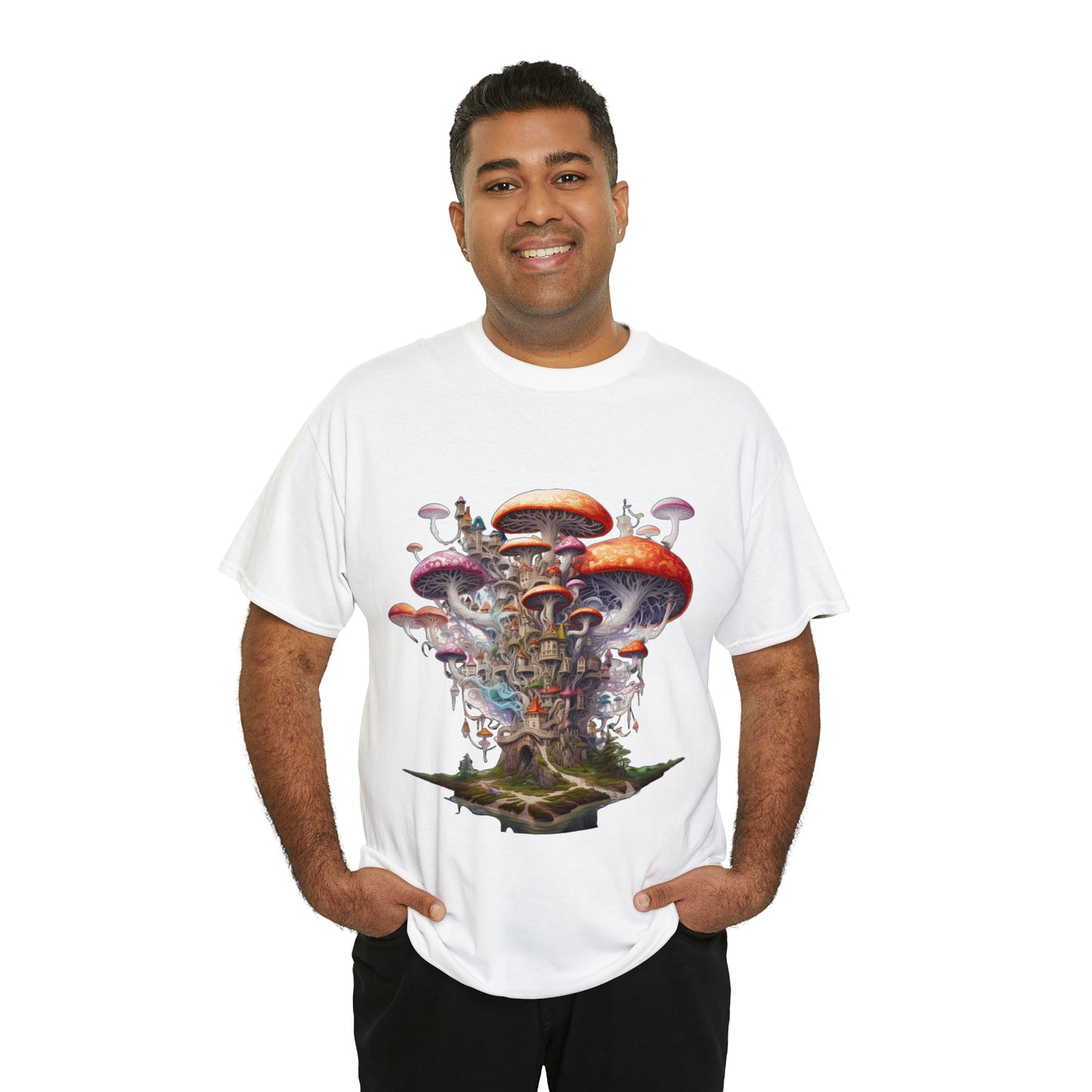 Enchanting Mushroom City Island - Heavy Cotton Tee Shirt - CosmicDeva