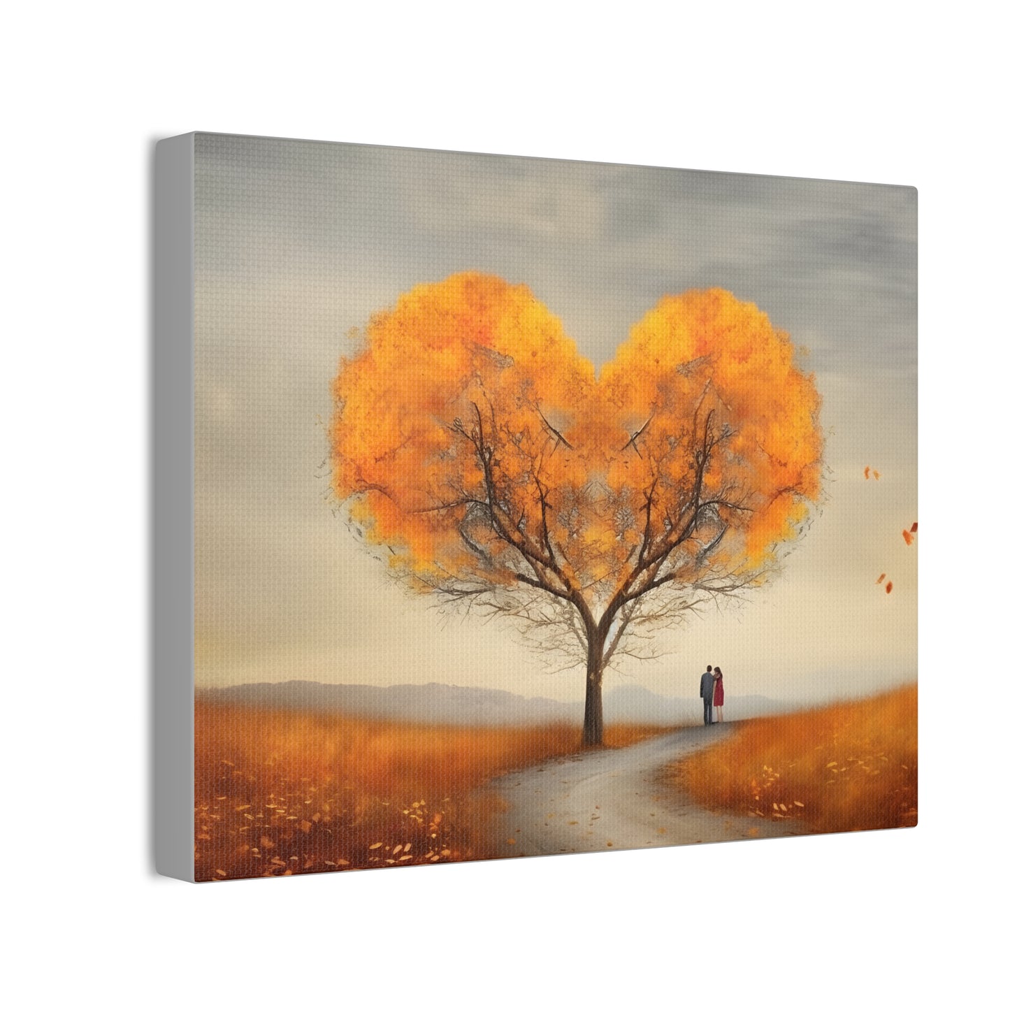 Landscape Of Heart Shaped Tree in Fall with two Lovers Canvas Stretched, 0.75" - CosmicDeva