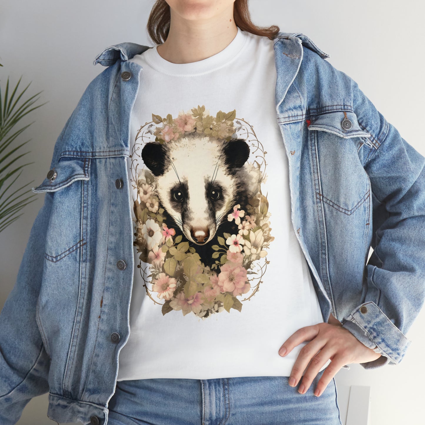 Opossum With Vintage Inspired Flowers Unisex Heavy Cotton Tee