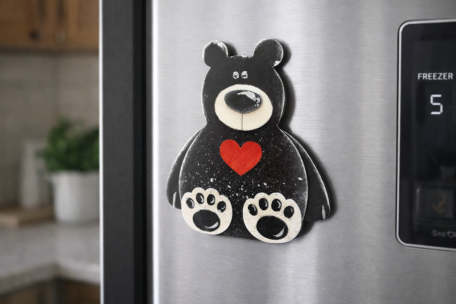 Black Bear with Heart Magnet | Handmade Wooden Bear | Valentine Gift Fridge Decor - CosmicDeva