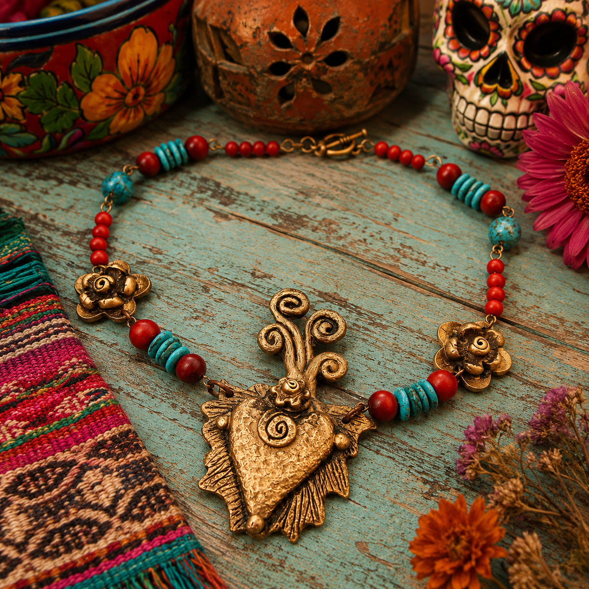 Meta Description — Etsy & Google
Southwestern Sacred Heart necklace and earrings with a solid bronze Milagro heart, natural turquoise and red howlite beads. Unique Mexican folk-art jewelry.