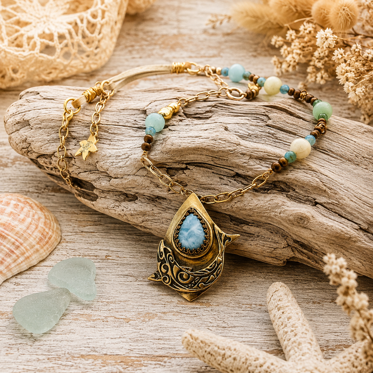 Handmade Larimar dolphin necklace featuring a solid bronze dolphin pendant, Caribbean blue Larimar, amazonite and jasper beads. Unique boho ocean jewelry.