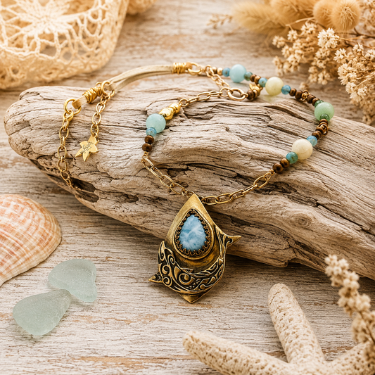 Handmade Larimar dolphin necklace featuring a solid bronze dolphin pendant, Caribbean blue Larimar, amazonite and jasper beads. Unique boho ocean jewelry.