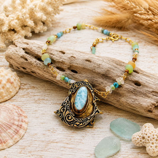 Handmade Larimar dolphin necklace featuring a solid bronze dolphin pendant, Caribbean blue Larimar, amazonite and jasper beads. Unique boho ocean jewelry.