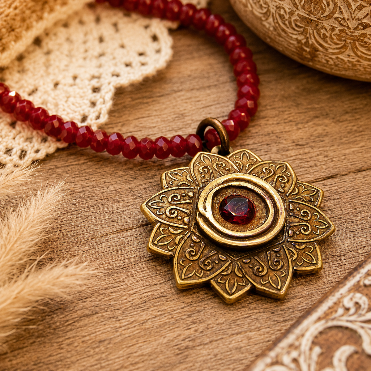 Red Ruby Mandala Mendhi Gold Bronze Necklace - CosmicDeva