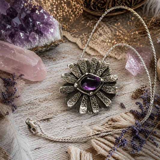 One-of-a-kind handmade natural amethyst necklace featuring a .999 fine silver daisy flower pendant, natural February birthstone and 18-inch chain. Made in USA.