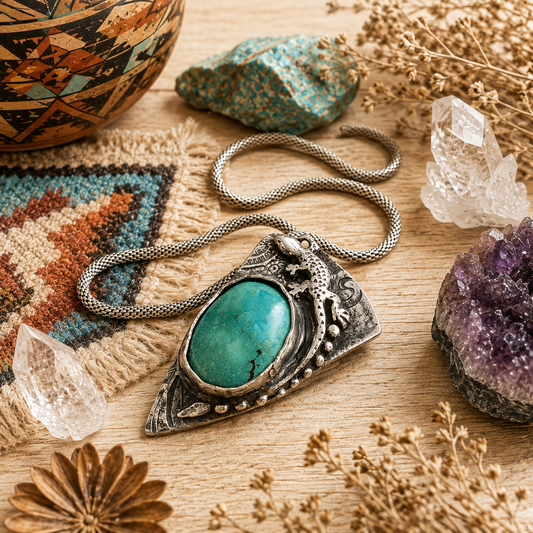 Handmade lizard gecko necklace with natural Arizona turquoise and .950 sterling silver. Unique Southwestern boho artisan pendant jewelry.