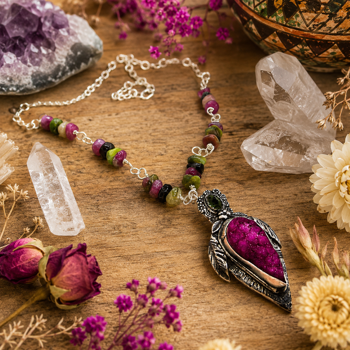 Handmade pink druzy and green tourmaline sterling silver necklace with natural multicolor tourmaline beads and adjustable 16–26 inch chain.