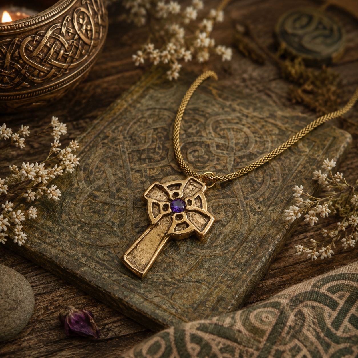 Handmade Celtic Cross necklace in solid golden bronze with purple amethyst CZ and 18K gold-plated chain. Unique Irish Celtic jewelry and faith gift.