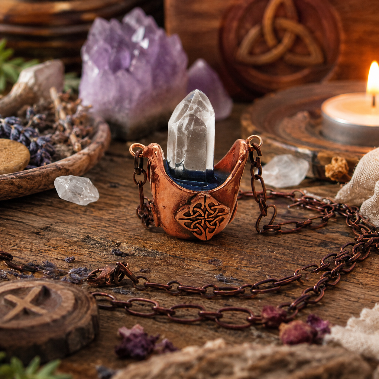 Handmade Wiccan cauldron necklace in solid copper with natural clear quartz crystal. Unique Celtic pagan jewelry and mystical boho witch gift.