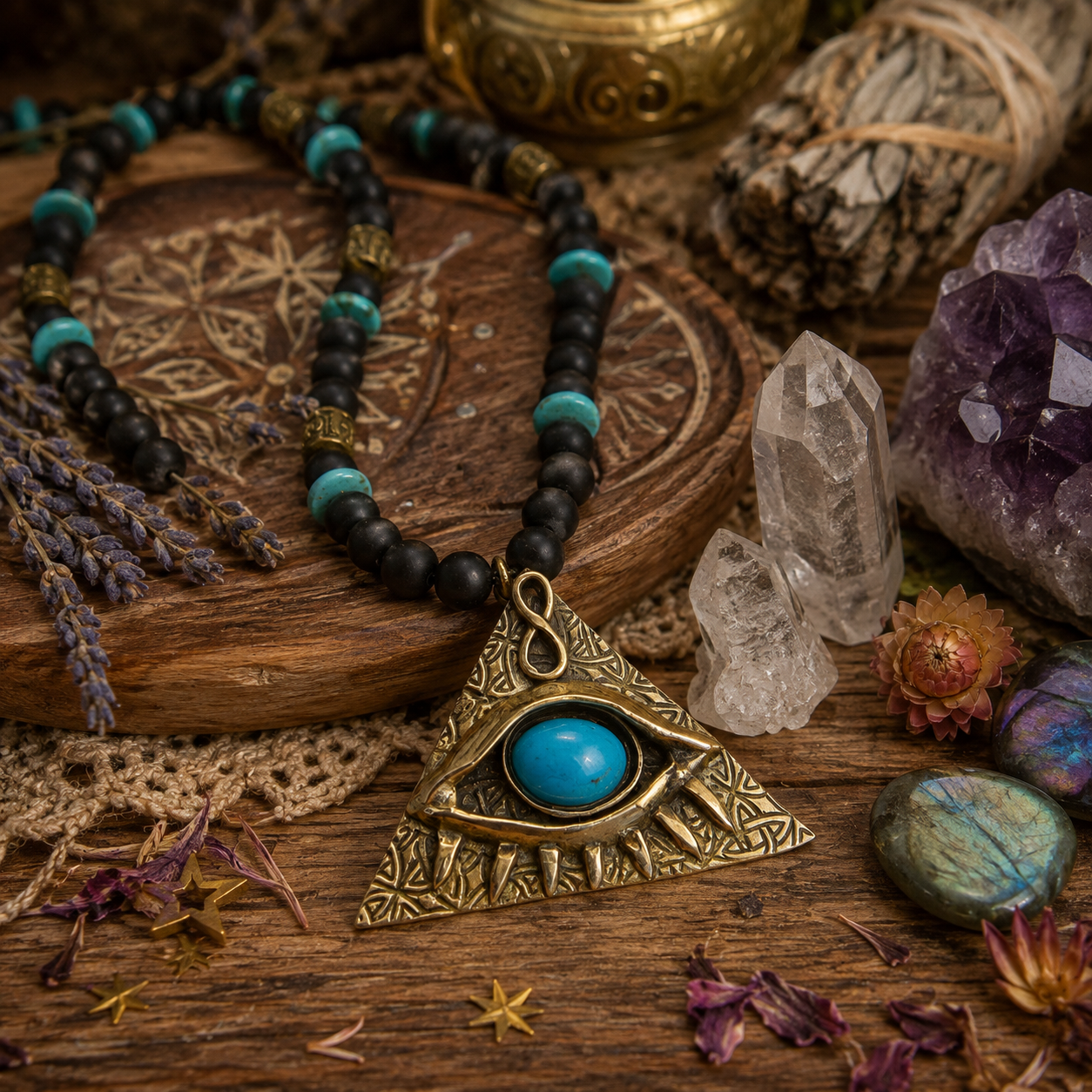Handmade bronze Evil Eye necklace with natural Arizona turquoise, black onyx and turquoise beads. Mystical All-Seeing Eye protection amulet by CosmicDeva.